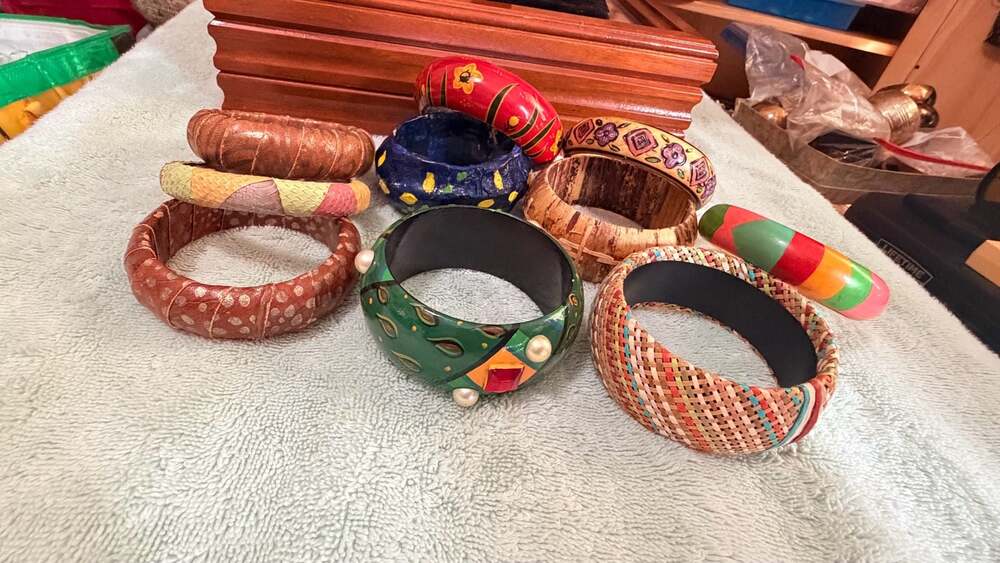 Set of 10 Assorted Vintage Style Boho Wooden and Textured Bangle Bracelets